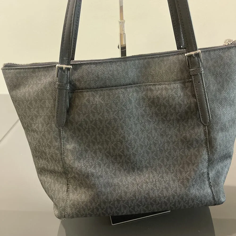 Michael Kors Jet Set MK Logo Black Leather Tote Bag Purse
